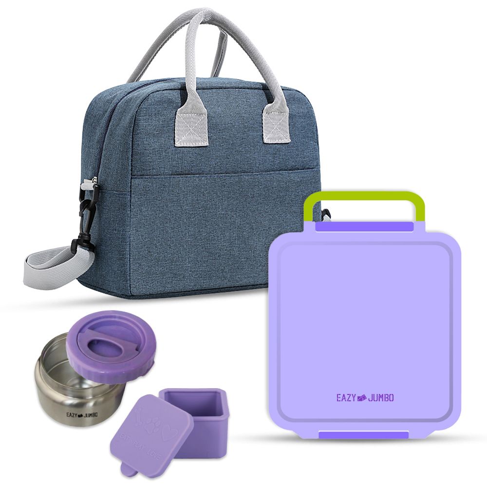 Eazy Kids - Jumbo Bento Lunch Box With Lunch Bag Set - Purple - 4pcs