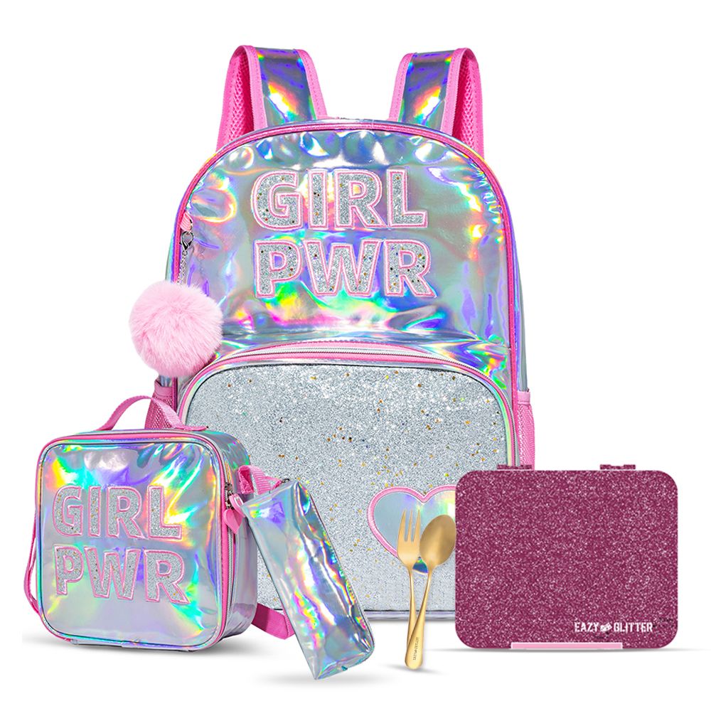 Eazy Kids - Girl Power School Backpack With Accessory Set - Glitter Pink - 5pcs