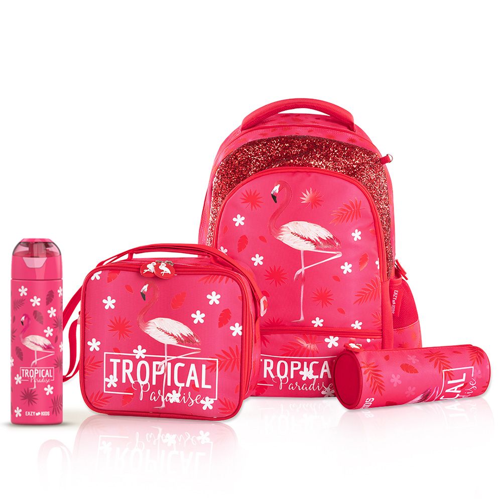 Eazy Kids - School Backpack With Lunch Kit Set - Tropical Pink - 4pcs