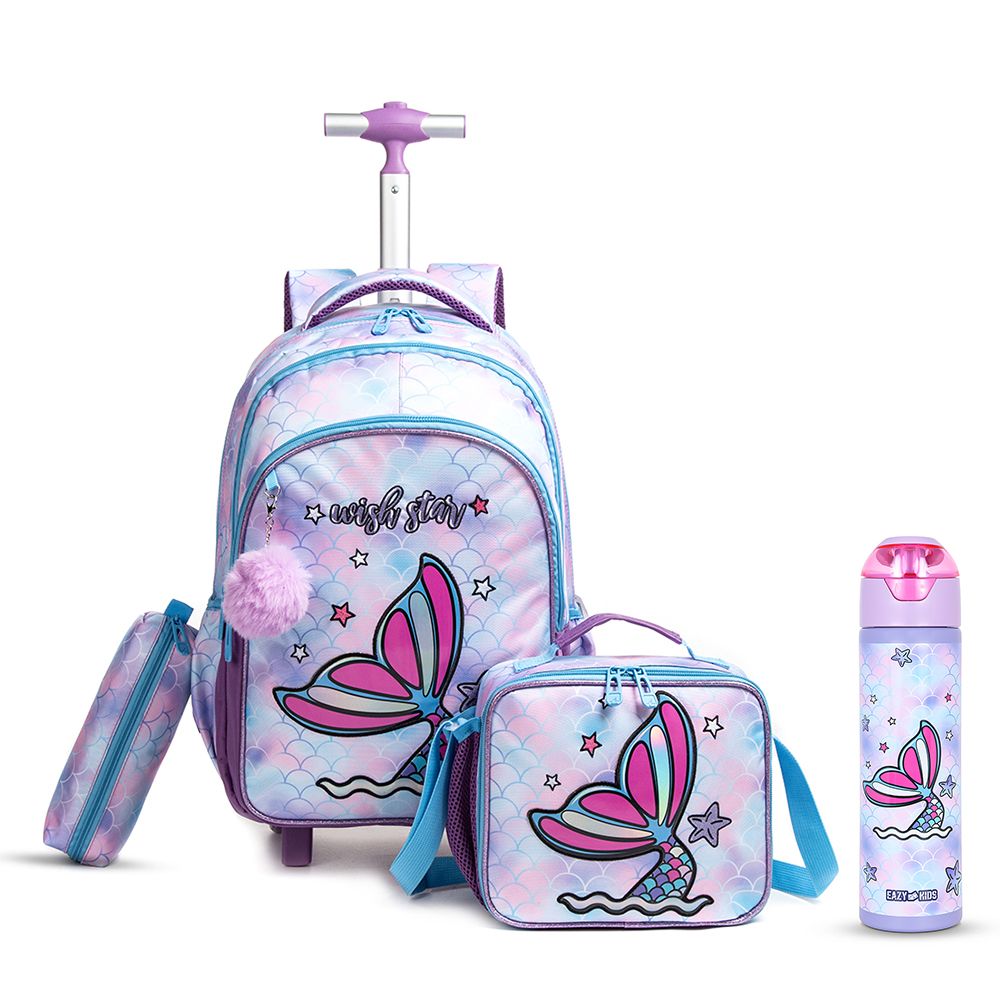 Eazy Kids - School Trolley With Lunch Bag, Water Bottle And Pencil Case Set - Mermaid - 4pcs