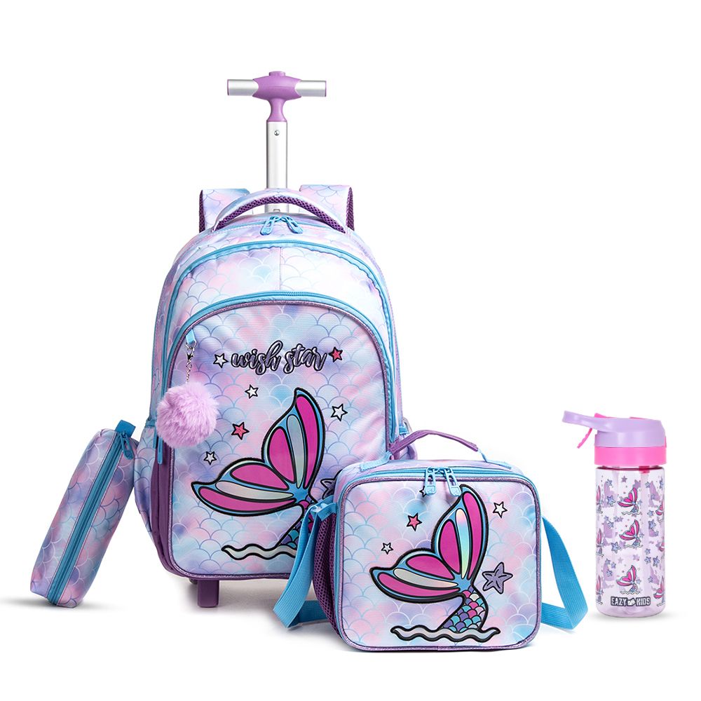 Eazy Kids - School Trolley With Lunch Kit And Pencil Case Set - Mermaid - 4pcs