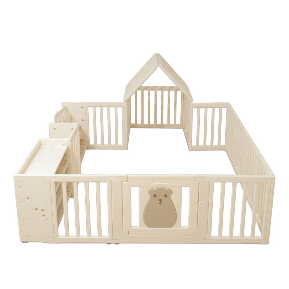 Little Story - 4-in-1 Playpen With Bookshelf, Toy Storage And Playhouse - White