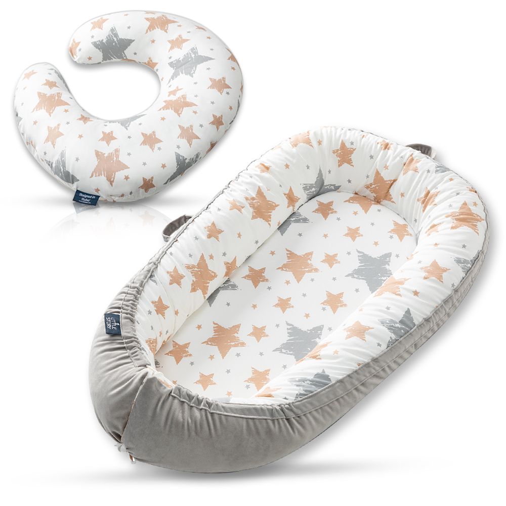 Little Story - Fiberfill Lounger Bed And Feeding Pillow With Slipcover Set - Galaxy