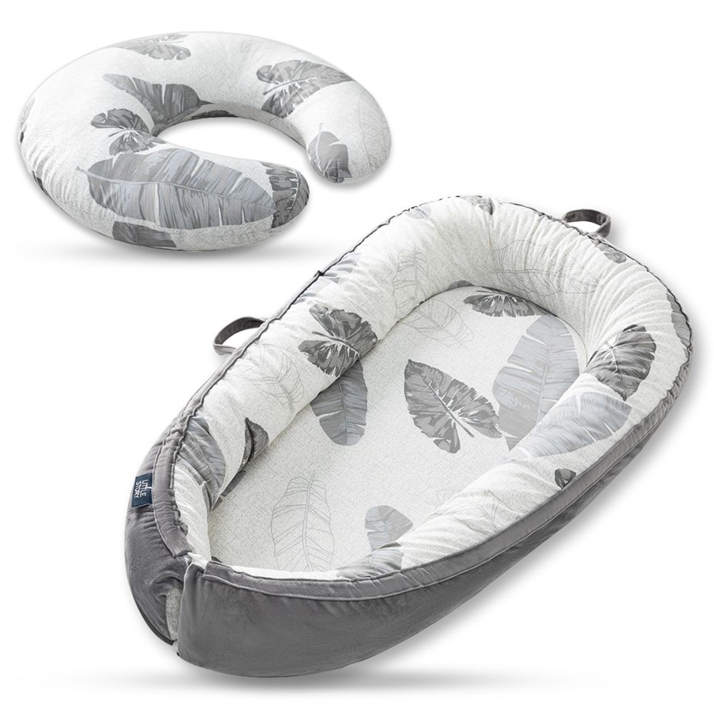 Little Story - Fiberfill Lounger Bed And Feeding Pillow With Slipcover Set - Leaves