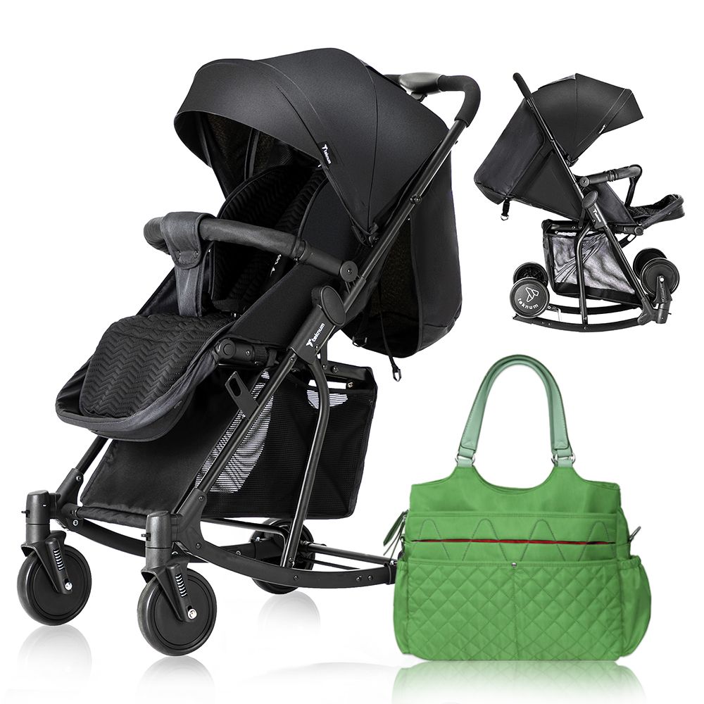 Teknum - Stroller with Rocker And Green Diaper Tote Bag- Black