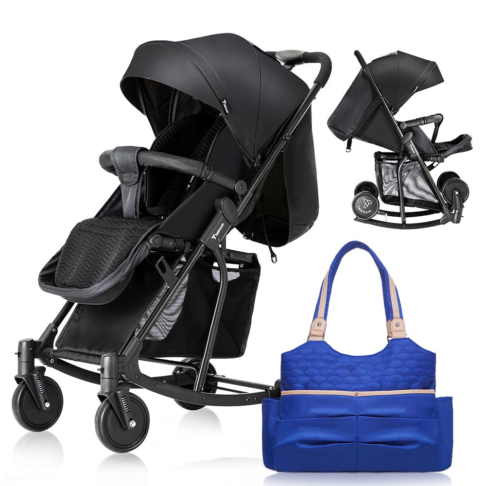 Teknum - Stroller With Rocker And Blue Diaper Tote Bag - Black