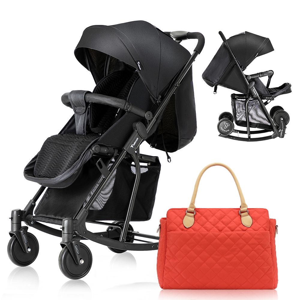 Teknum - Stroller With Rocker And Orange Diaper Tote Bag - Black