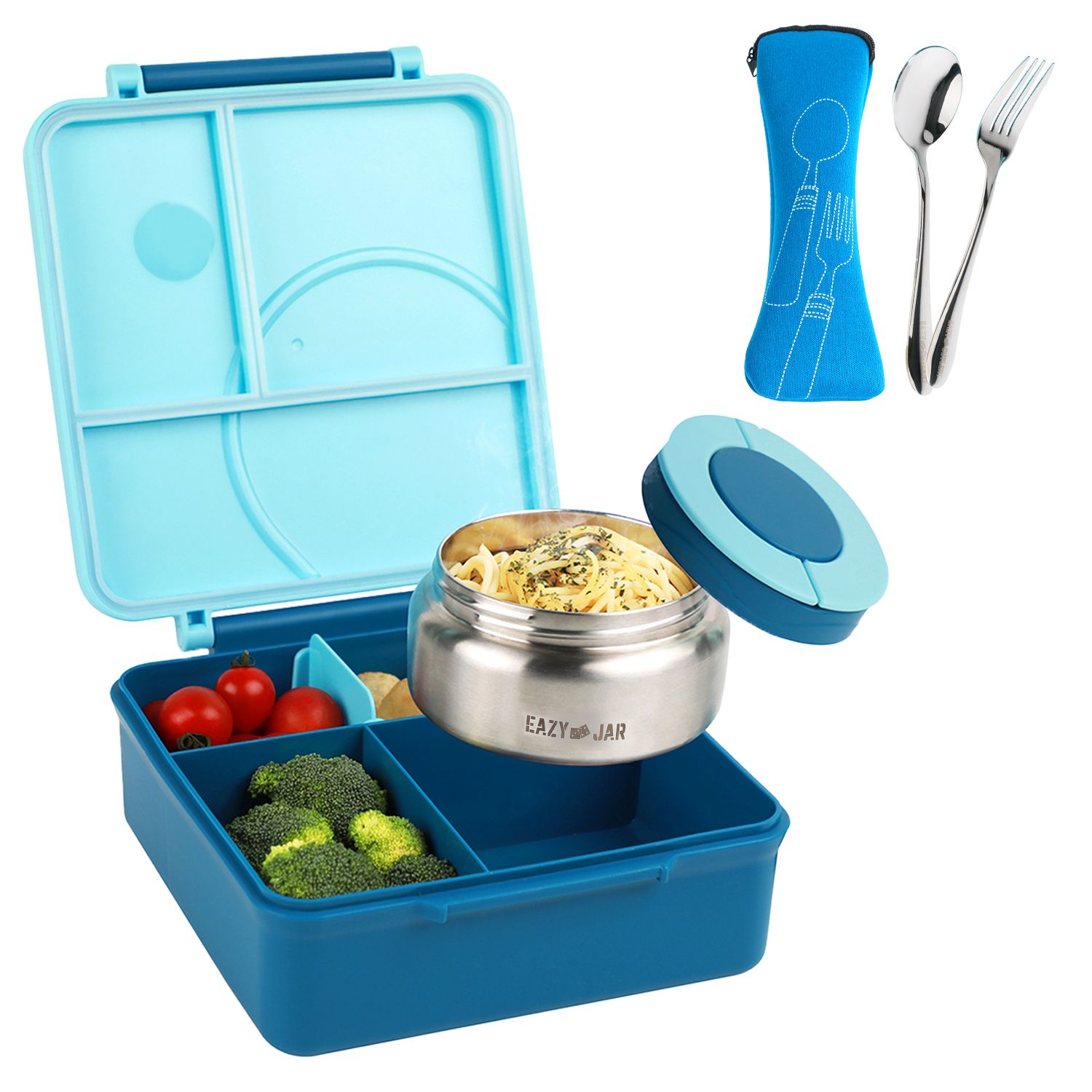 Eazy Kids - 3/4 Jumbo Lunch Box With Bowl, Spoon And Fork - Blue