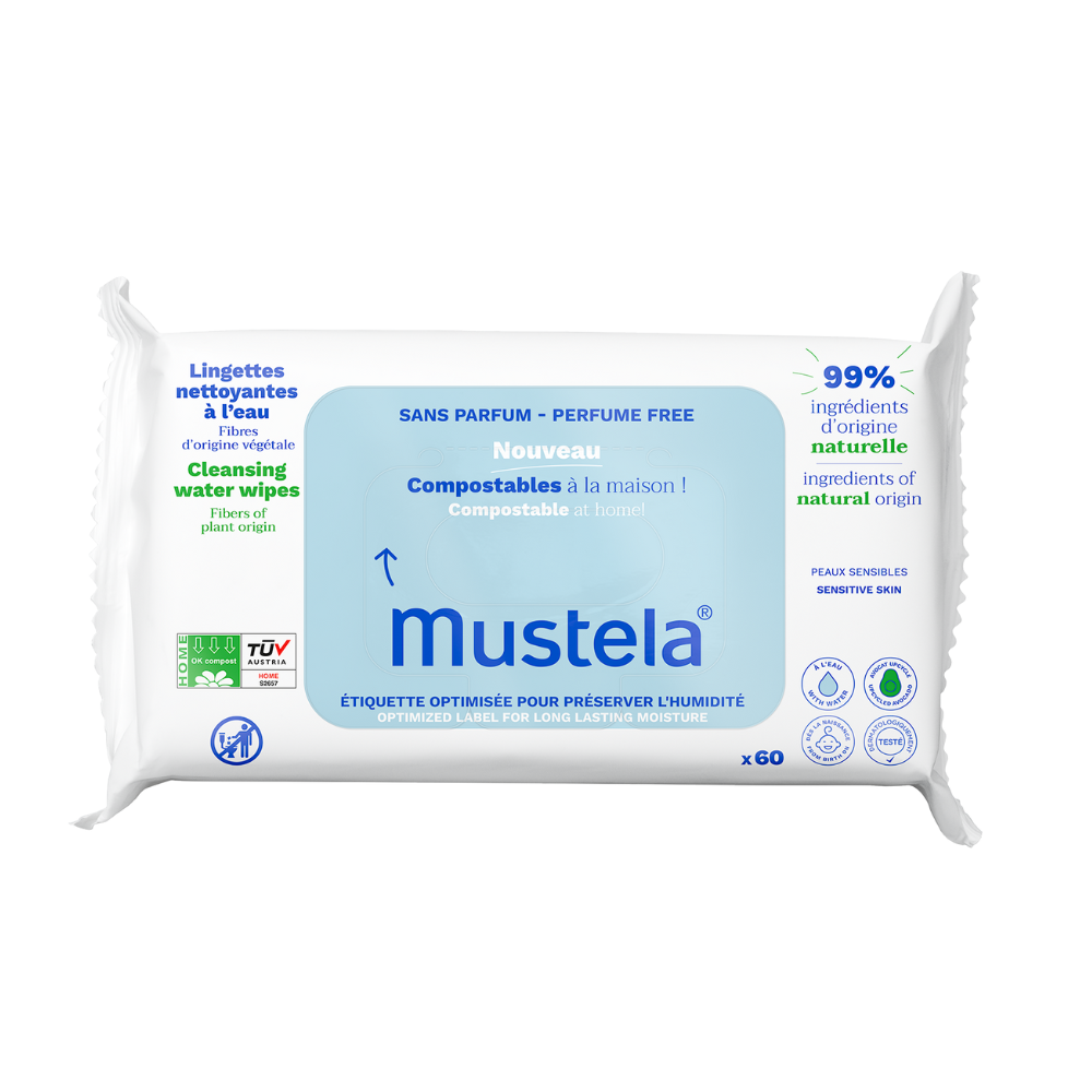 Mustela - Cleansing Water Wipes Compostable At Home - Perfume Free - 60 Sheets