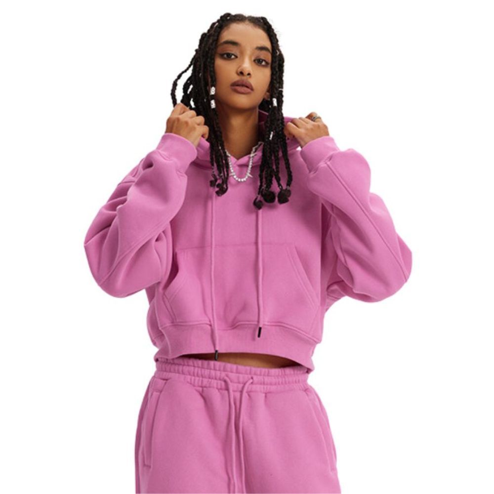 Mei Stylish - Women's Long Sleeve Cropped Pullover Hoodie - Pink