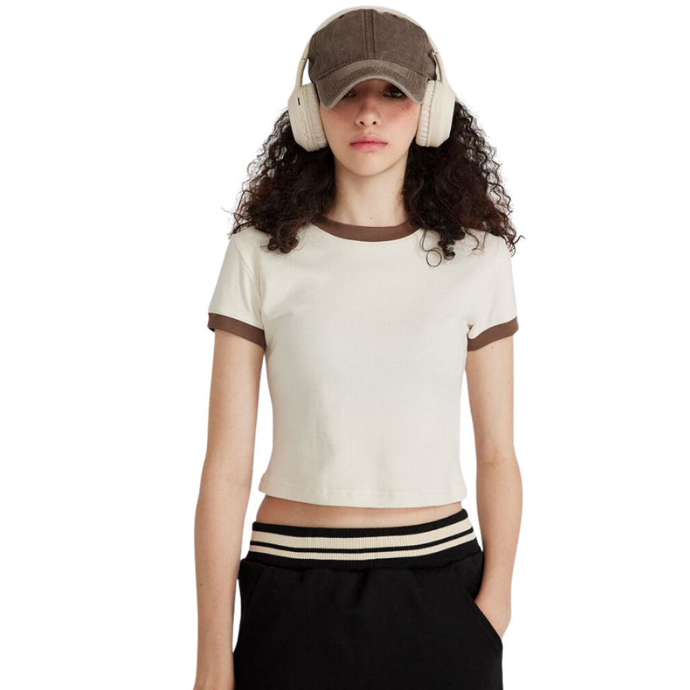 Mei Stylish - Women's Short Sleeve Cropped Top - Off White/Brown