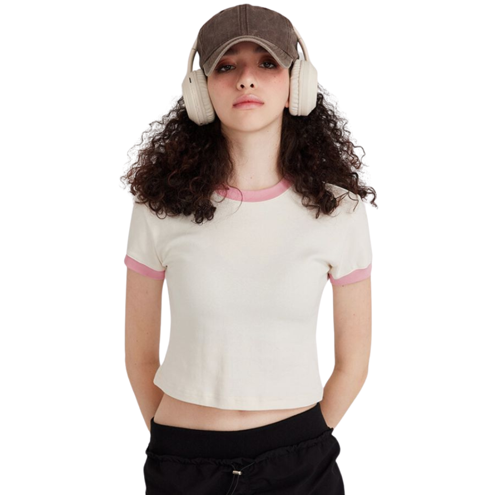 Mei Stylish - Women's Short Sleeve Cropped Top - Off White/Pink