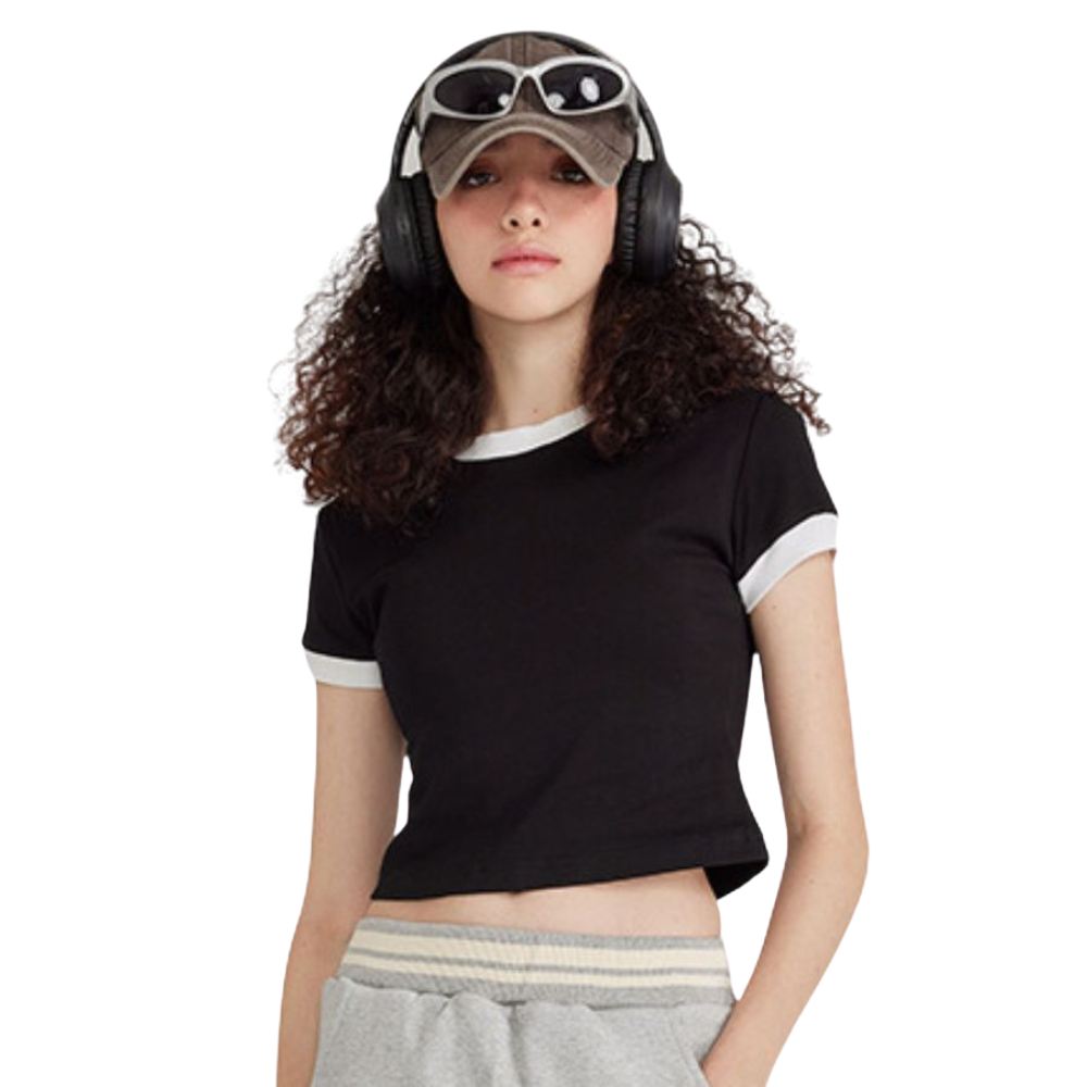 Mei Stylish - Women's Short Sleeve Cropped Top - Black/White