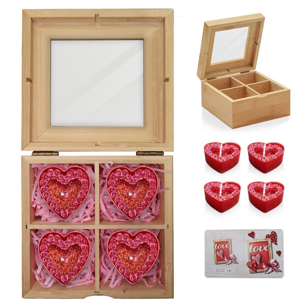 Jinou - Heart Shape Candles In Bamboo Box - 4 Pcs