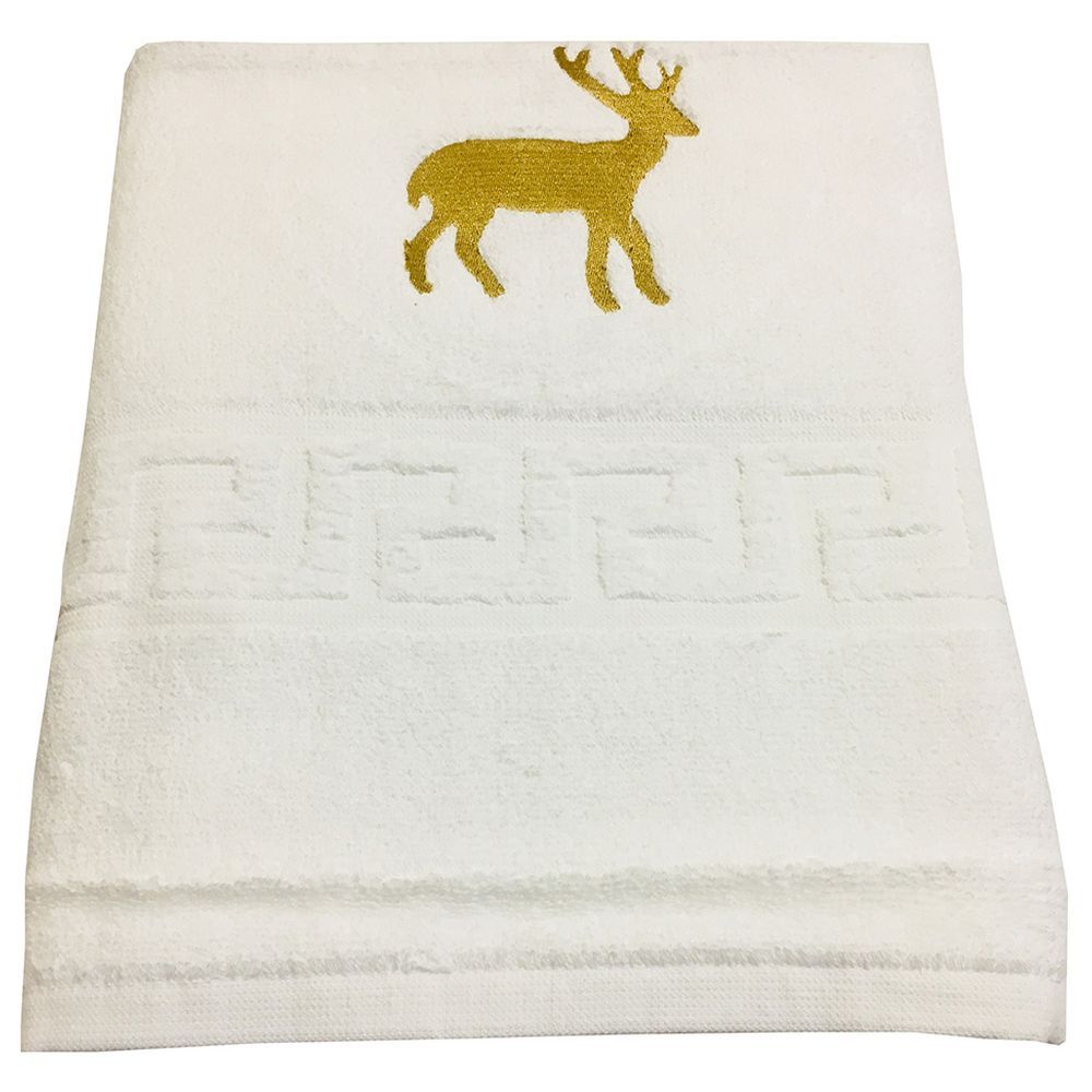 Byft - Vintage Reindeer Embroidered Bath Towel - White