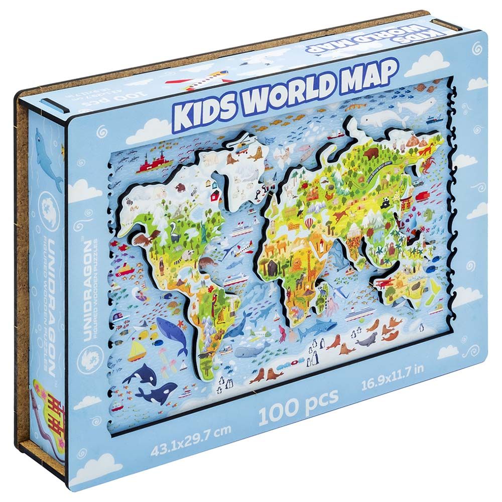 Unidragon - Figured Wooden Puzzle Kit - Kids World Map - 100pcs