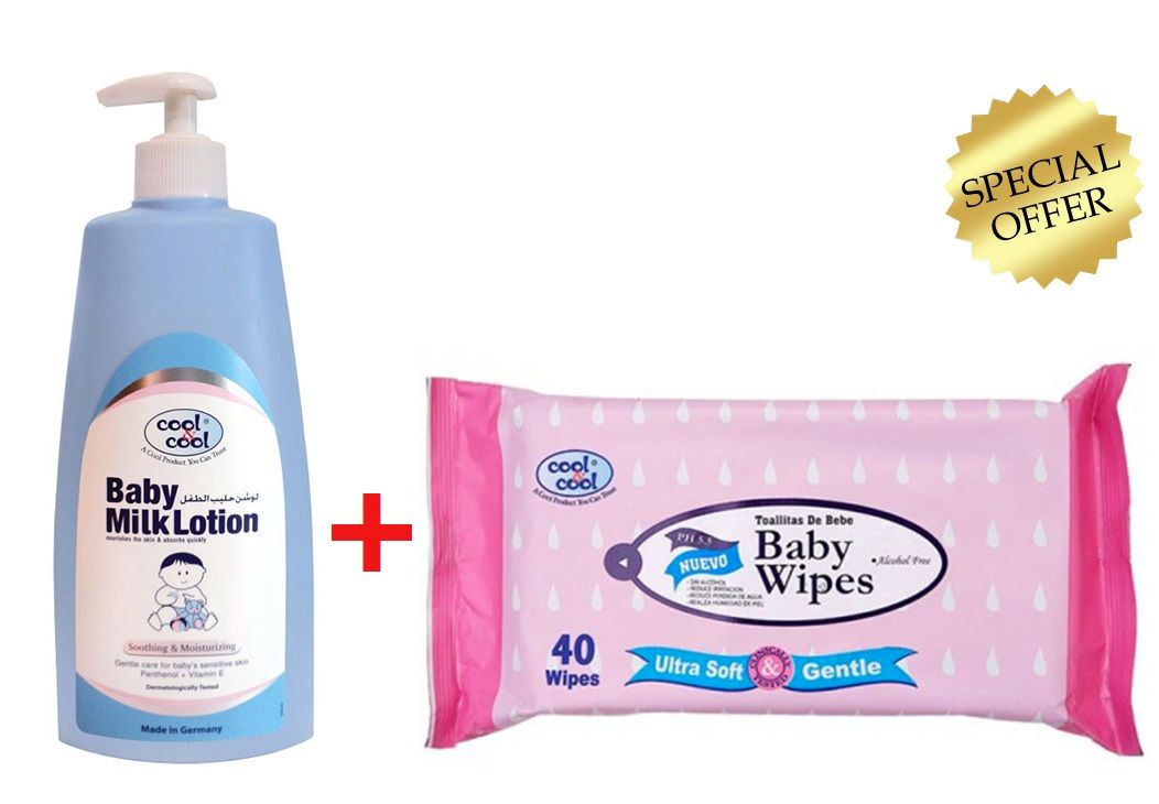 Cool&Cool - Baby Milk Lotion 500ml + Baby Wipes Regular 40's