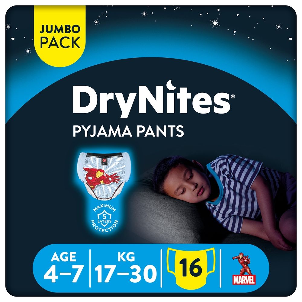 Huggies - DryNites Pyjama Pants, 4-7 years, Bed Wetting Diaper, Boys, 17-30 kg, Jumbo Pack, 16 Pants