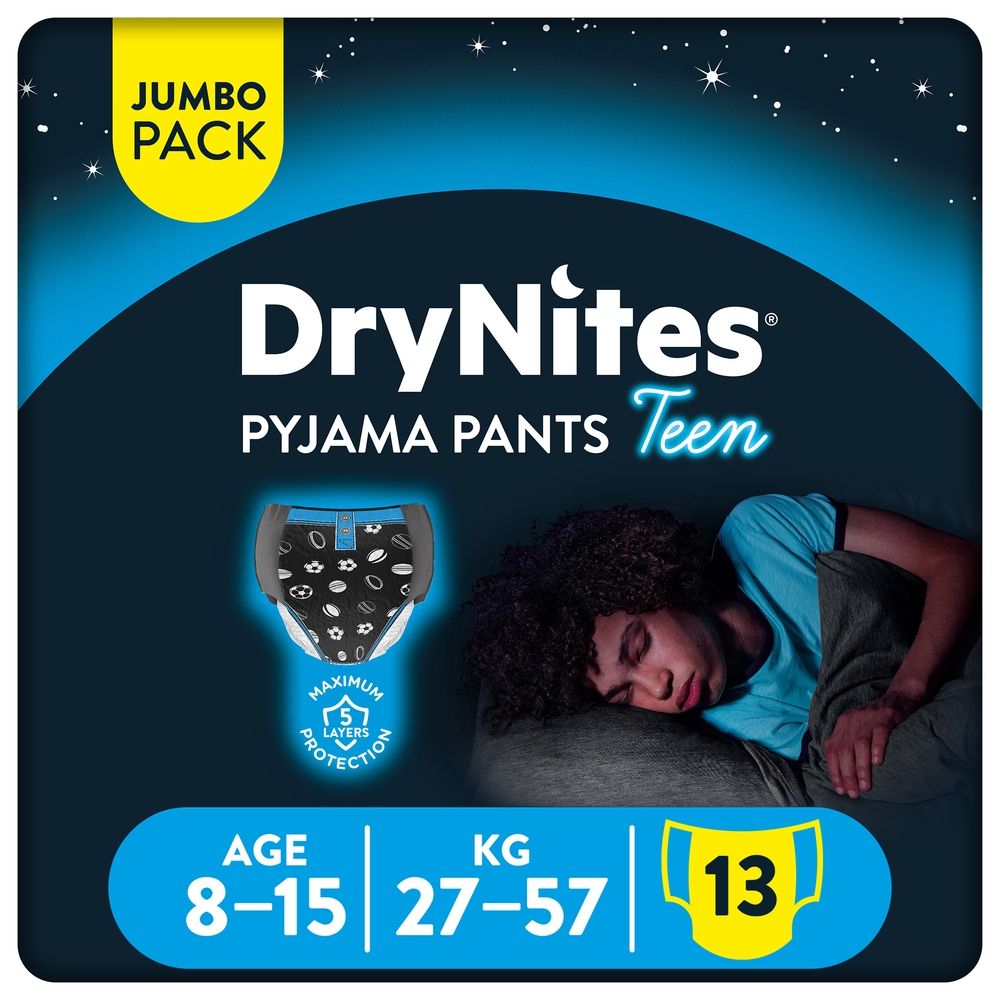 Huggies - DryNites Pyjama Pants, 8-15 years, Bed Wetting Diaper, Boys, 27-57 kg, Jumbo Pack, 13 Pants