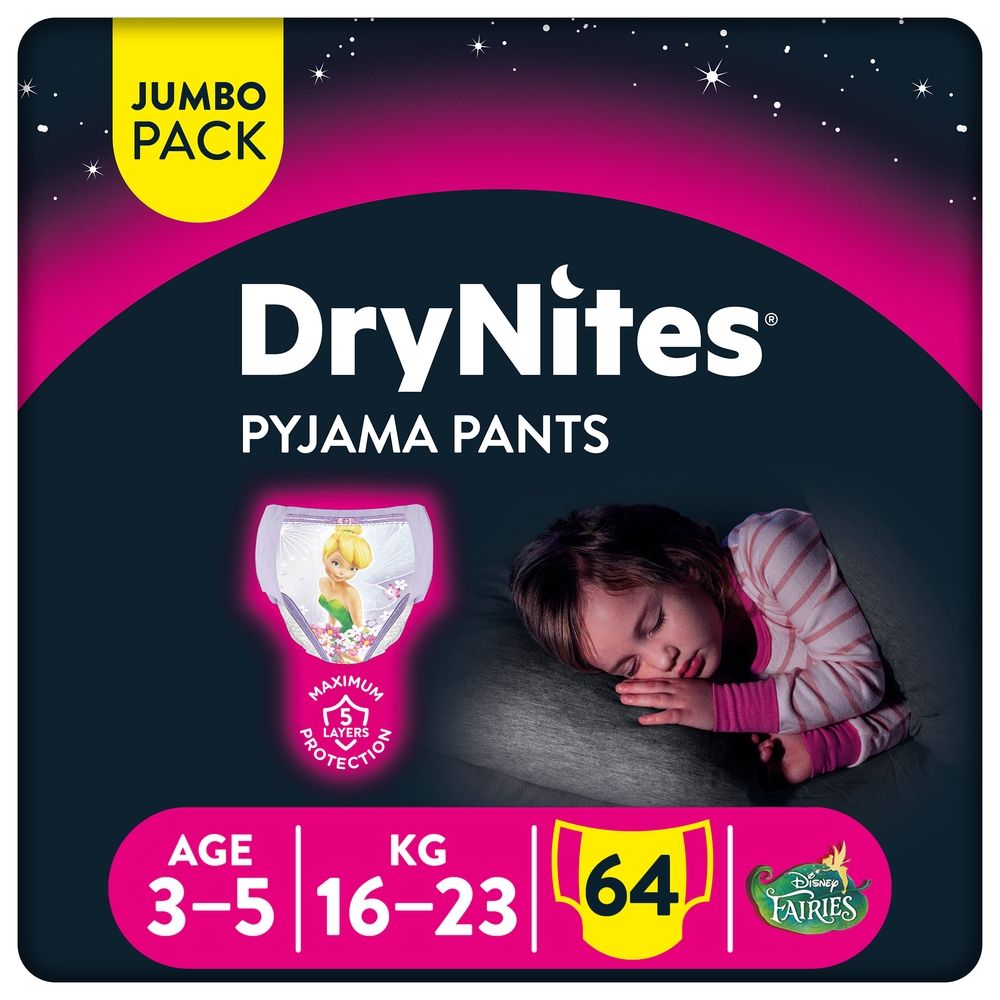 Huggies - DryNites Pyjama Pants, 3-5 years, Bed Wetting Diaper, Girl, 16-23 kg - Pack of 4 - Jumbo Packs, 64 Pants