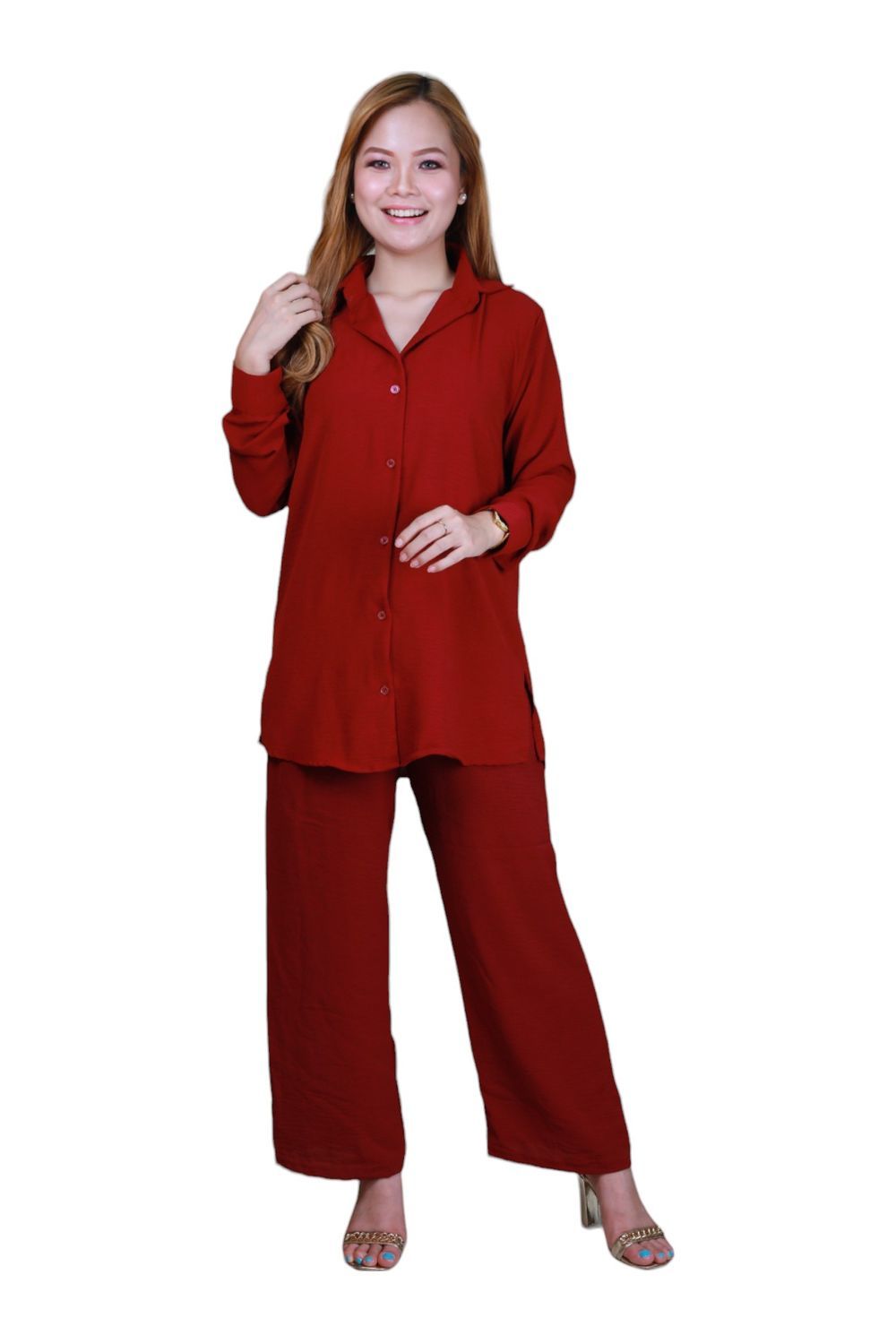 Veronica - Relaxed Fit Full Sleeves Co-Ord Set - Red