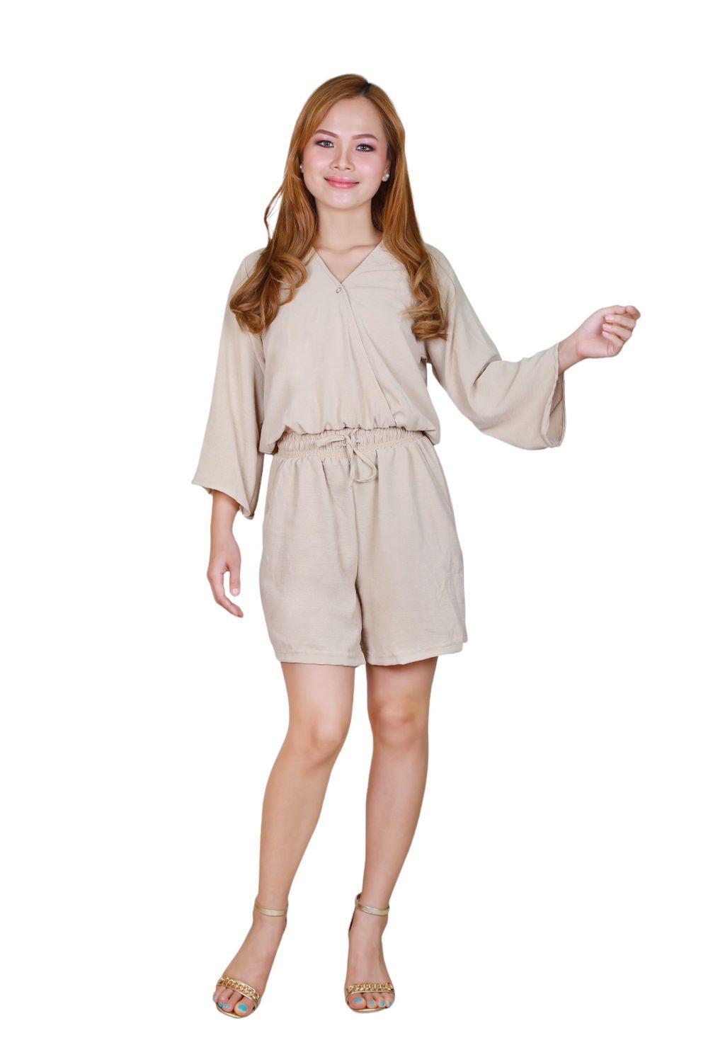 Veronica - Women's Overlapping Crop Top & Shorts - Co-Ord Set - Beige