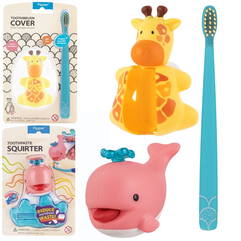 Flipper - Dental Care Pack - Toothbrush With Toothbrush Cover & Toothpaste Tube Squeezer - Giraffe & Pinki