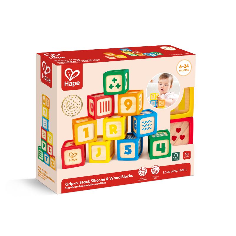 Hape - Educational Grip-N-Stack Silicone Wooden Blocks - 10 Pcs