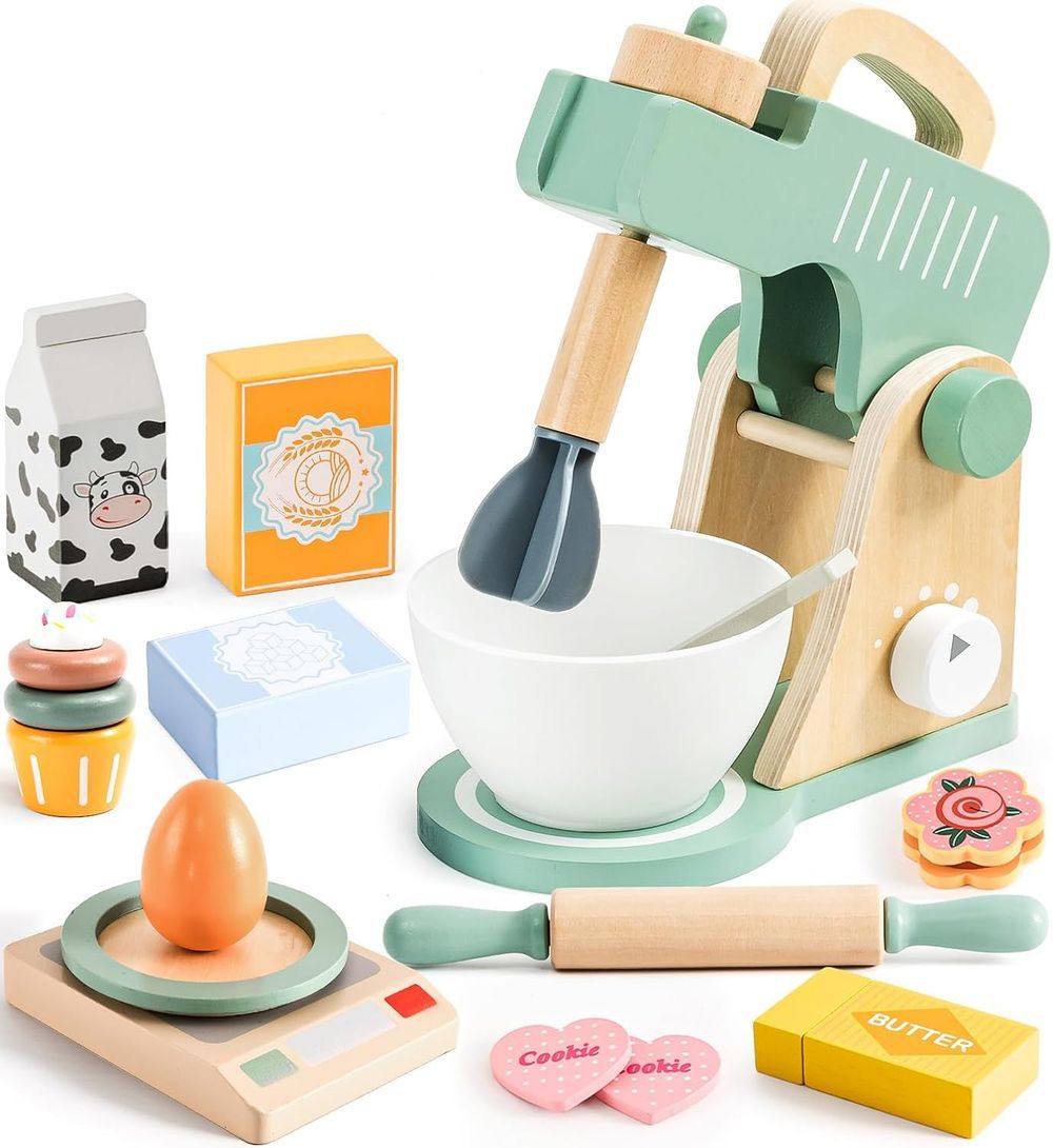 Little Angel - Kids Wooden Stand Mixer Baking Pretend Playset - 14pcs