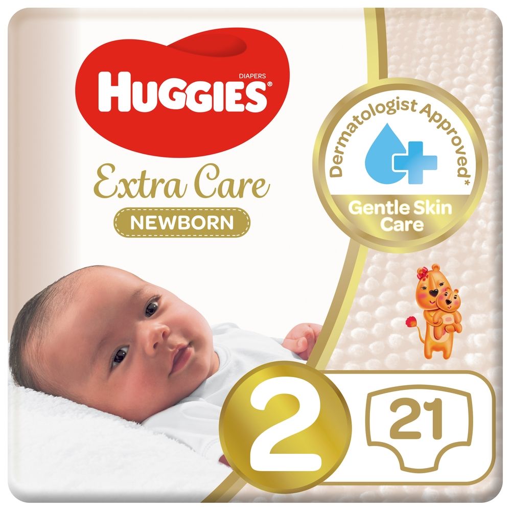 Huggies - Extra Care Newborn, Size 2, 4 - 6 kg, Carry Pack, 21 Diapers