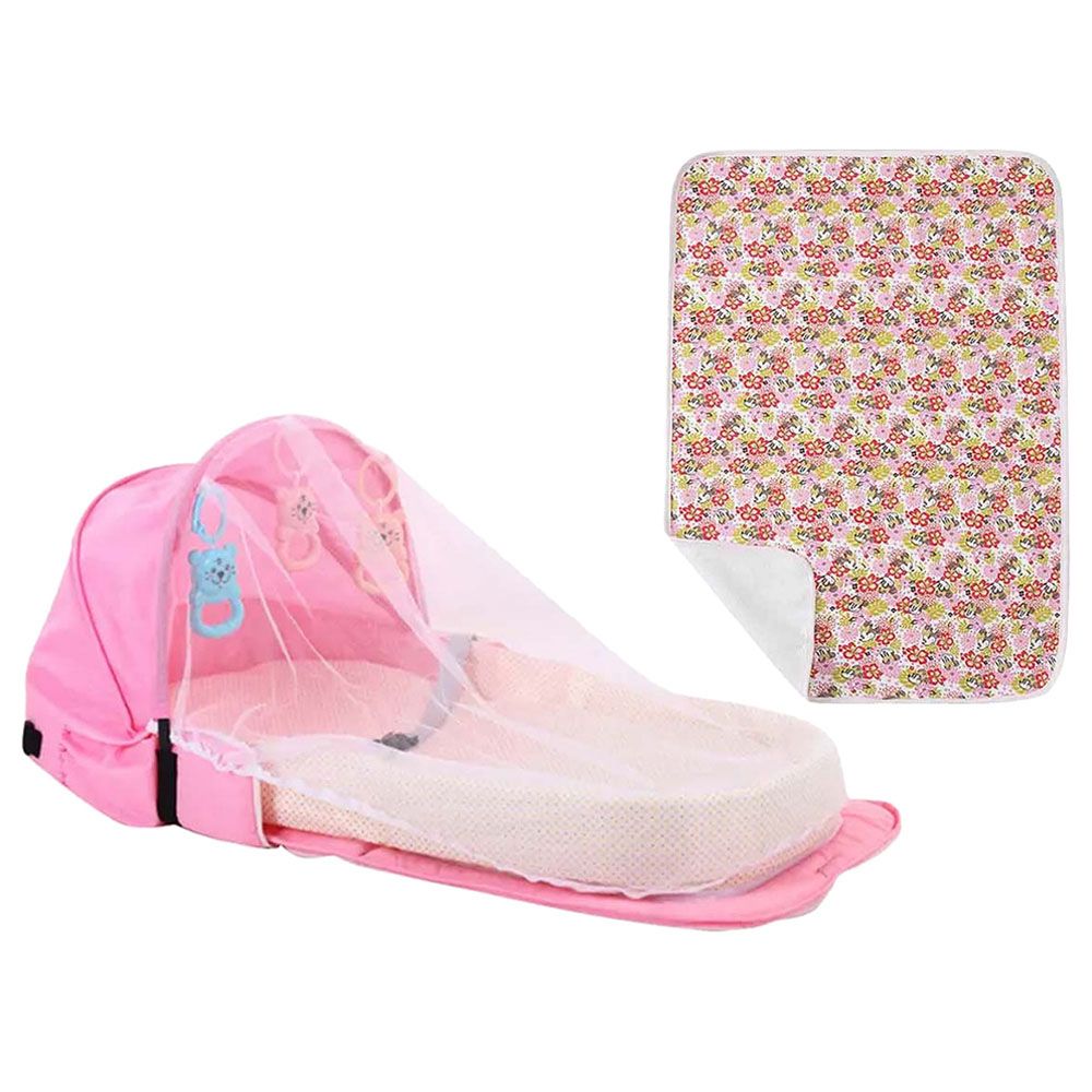 Star Babies - Baby Bed With Mosquito Net - Pink With Reusable Changing Mat