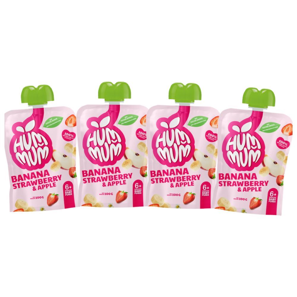 Hummum - Baby Puree Pouches - Strawberry W/ Apple & Banana - Pack of 4 - 100 gm