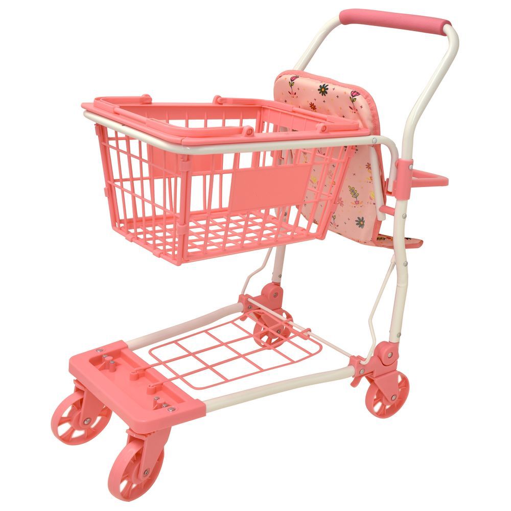 Dollsworld - Baby Doll Shopping Trolley w/Basket And Seat - Pink