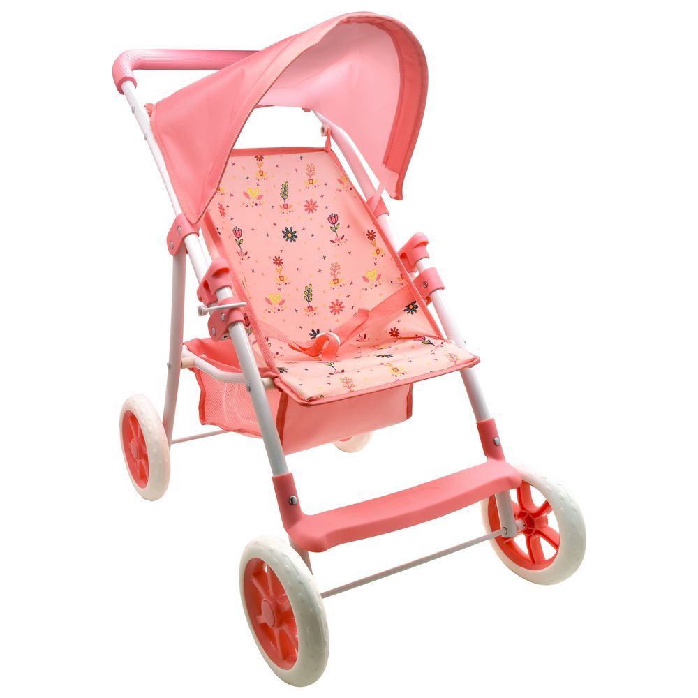 Dollsworld - 4 Wheel Dolls Stroller With Canopy Basket - Pink