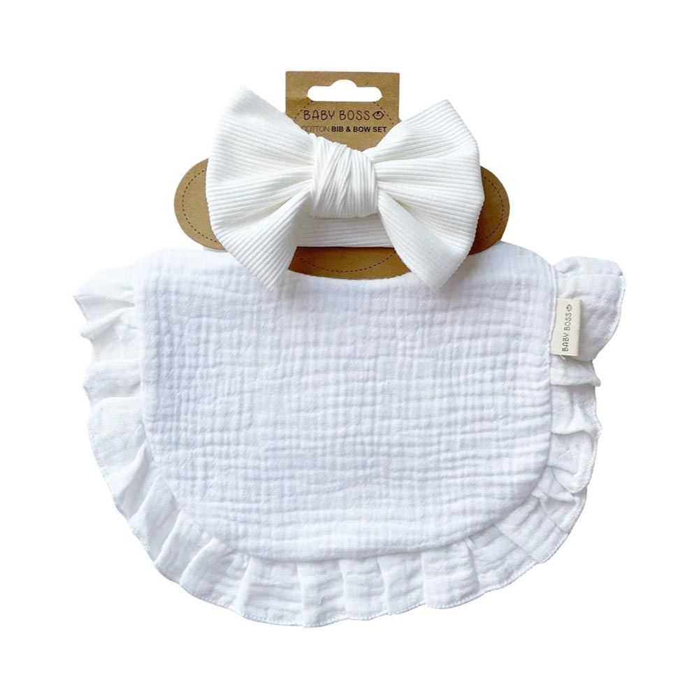 Baby Boss - Cotton Bib And Headband Bow Set - White