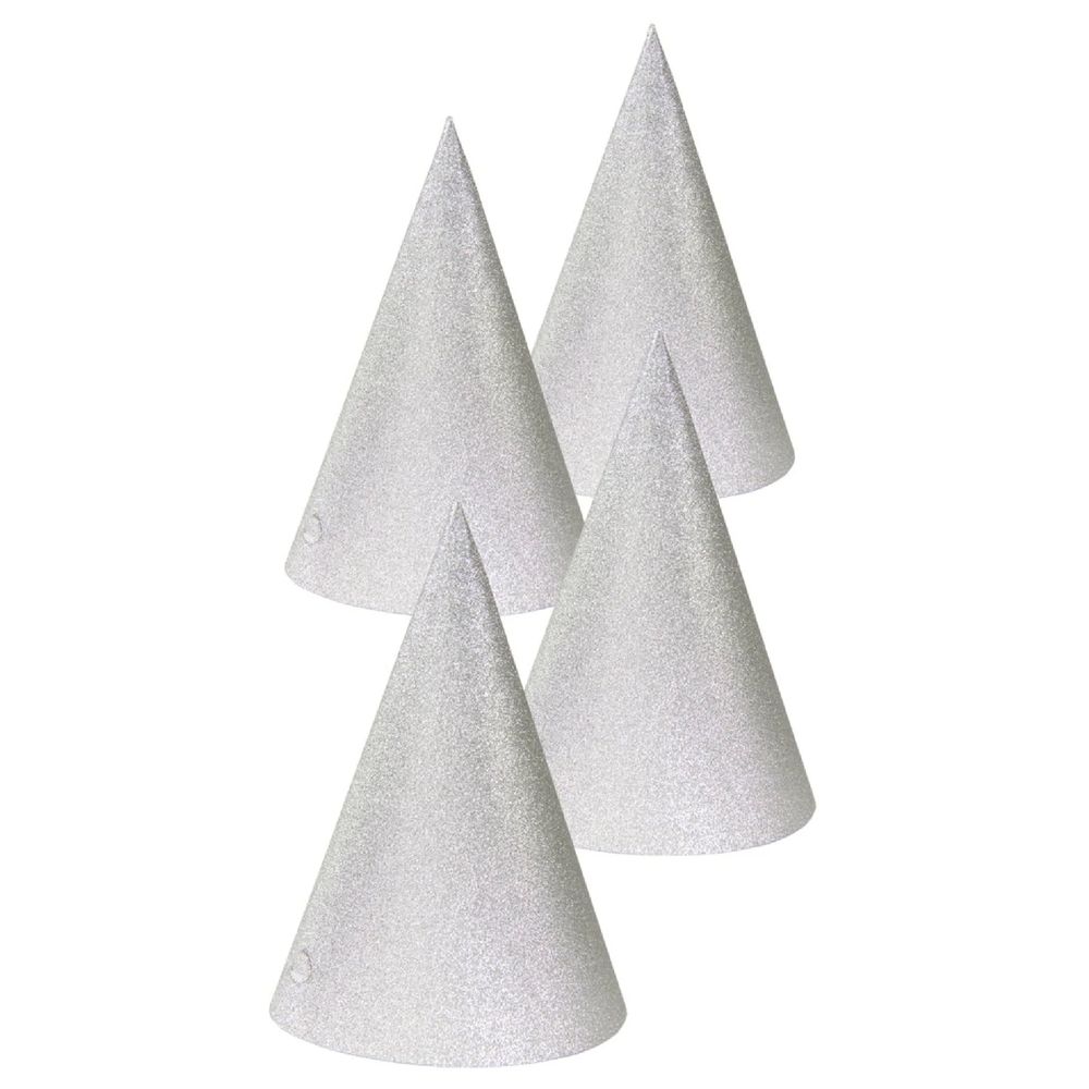 Folat - Glitter Cone Hat - Silver - 16 cm - 4pcs