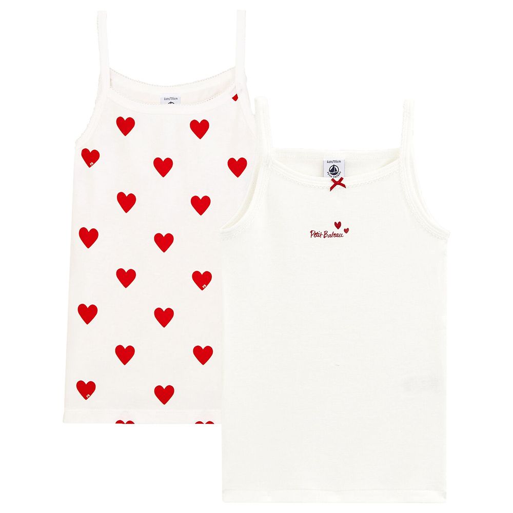 Petit Bateau - 2pc-Set - Girl's Heart Print Cotton Vests - White