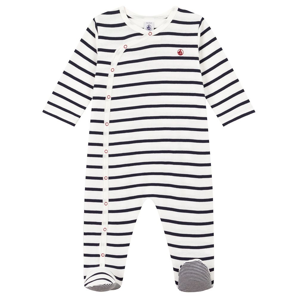 Petit Bateau - Baby's Stripy Rib Knit Sleepsuit - White/Blue