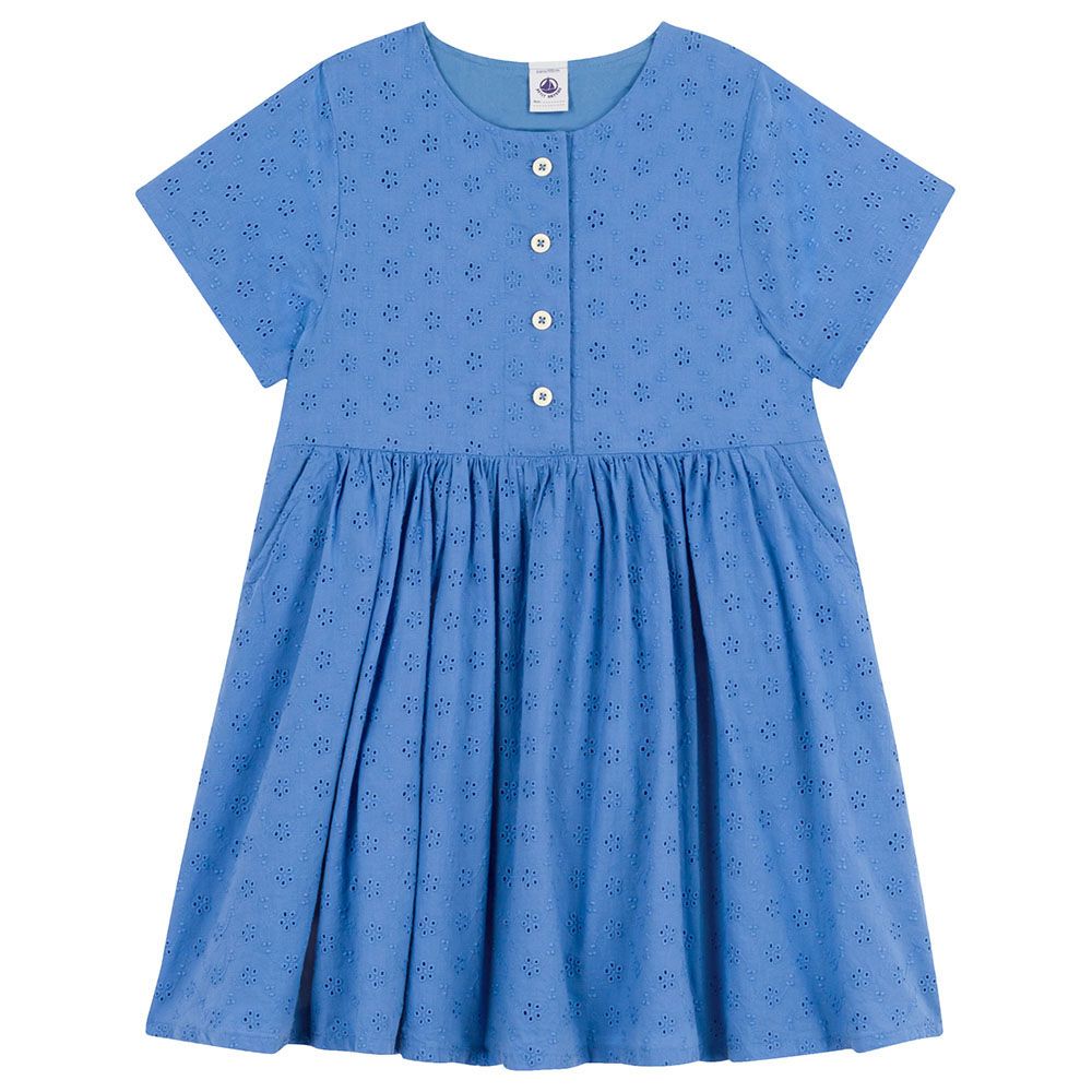 Petit Bateau - Girl's Short Sleeves Broderie Anglaise Dress - Blue