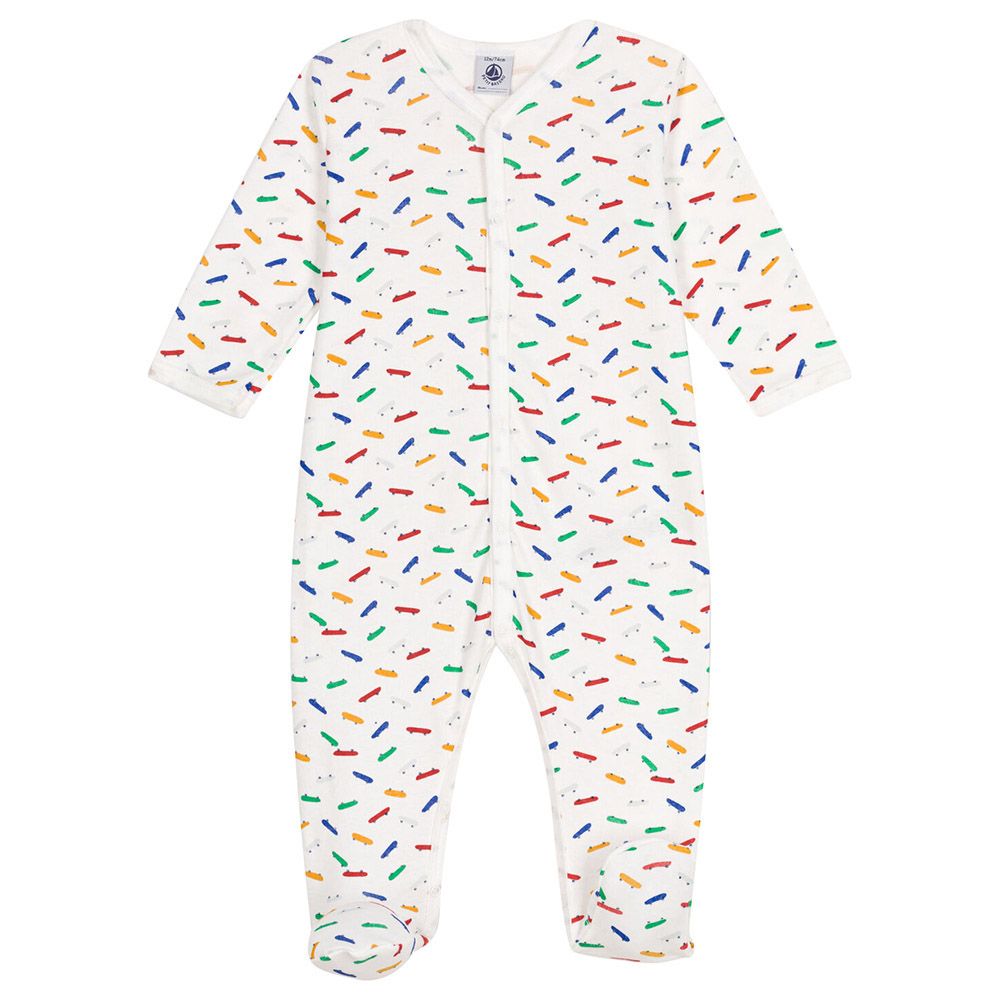 Petit Bateau - Baby's Skateboard Print Cotton Sleepsuit - White