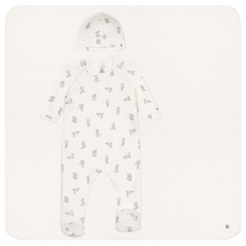 Petit Bateau - 3pc-Set - Baby's Muslin, Cotton Sleepsuit And Hat - White/Grey