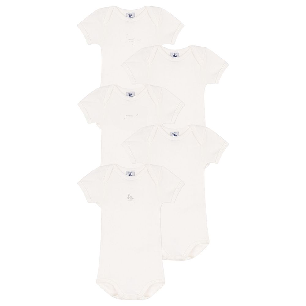 Petit Bateau - 5pc-Set - Short-Sleeves Cotton Rabbit Bodysuits - White