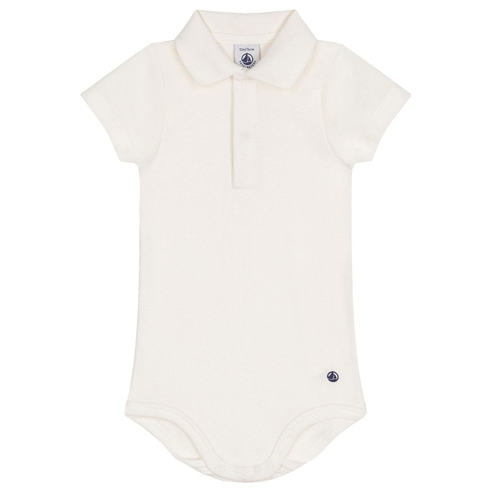 Petit Bateau - Baby's Short Sleeves Cotton Polo Collar Bodysuit - White