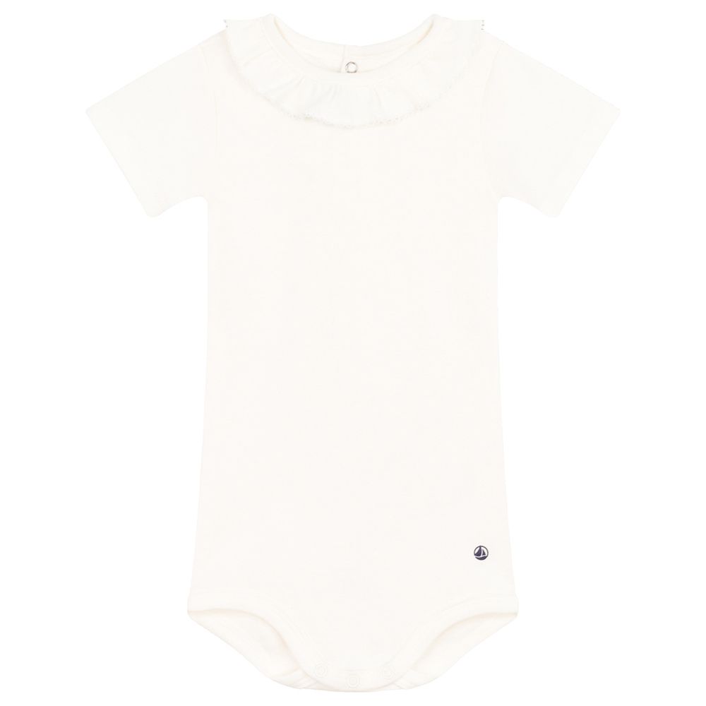 Petit Bateau - Baby's Short Sleeves Cotton Ruffle Neck Bodysuit - White