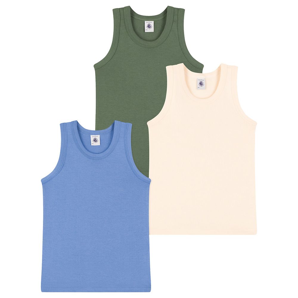 Petit Bateau - 3pc-Set - Boy's Plain Cotton Vest - Blue/Green