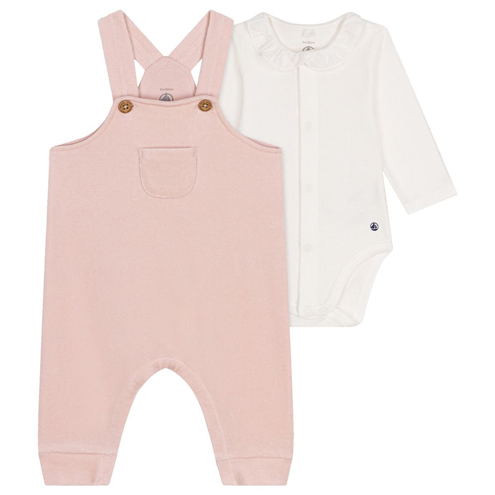 Petit Bateau - 2pc-Set - Baby's T-Shirt And Velour Dungaree - White/Pink