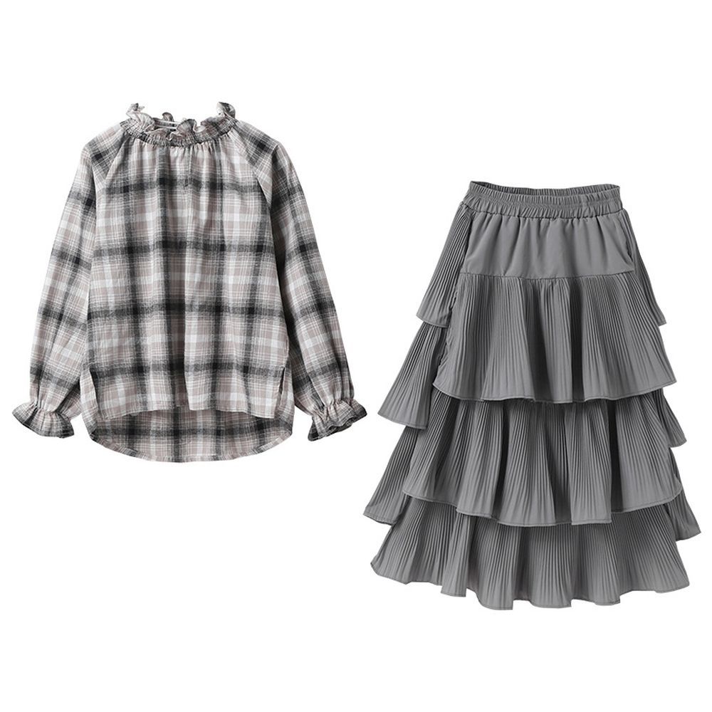 Sugar Rush - 2pc-Set - Checked Full Sleeves Top & Skirt - Grey