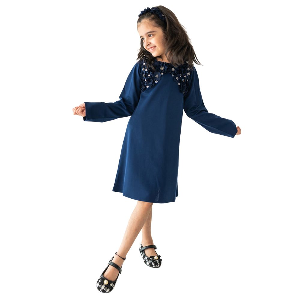 A Little Fable - Silver Pearl Dress - Navy Blue