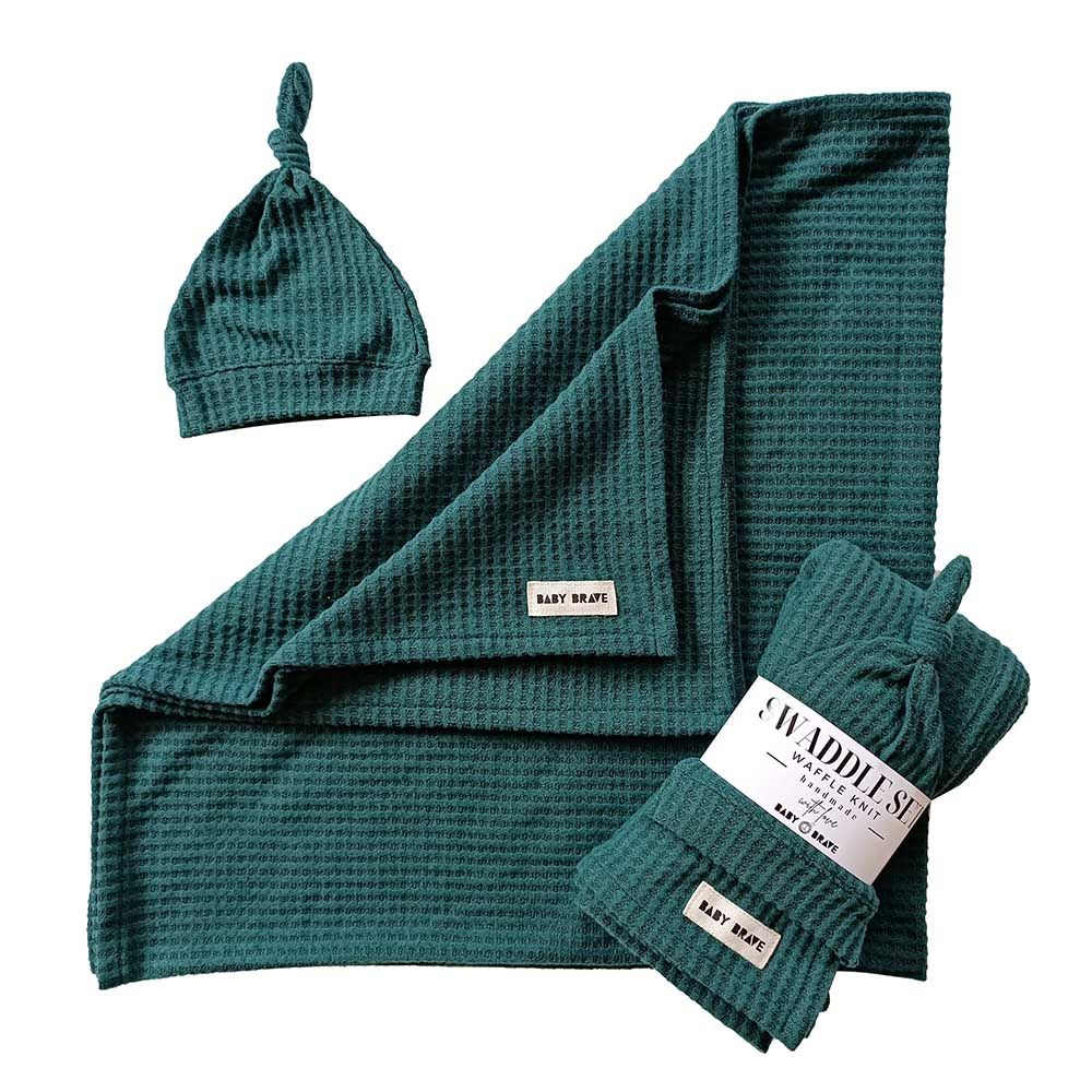 Baby Brave - 2pc-Set - Waffle Knit Blanket And Hat - Emerald Green