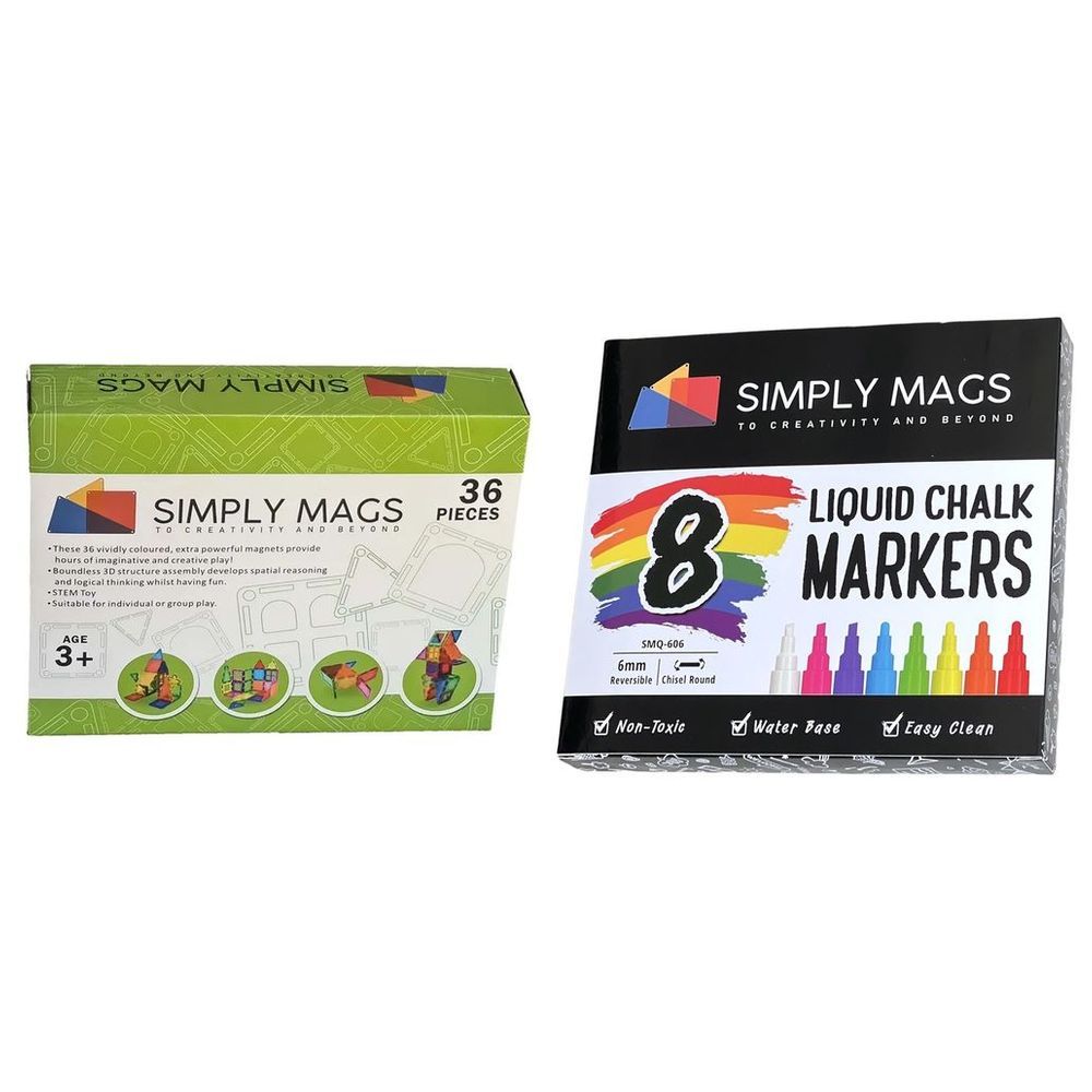 Simply Mags - Vivid Magnetic Tiles - 36pcs w/ Vibrant Chalk Markers - 8pcs